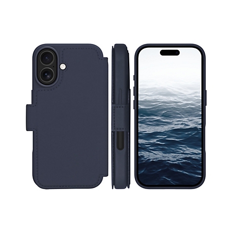 Dunkelblaues Handy-Case mit einem Smartphone, das einen Ozean als Bildschirmhintergrund zeigt. Rechts das Telefon, links die Case-Seiten.