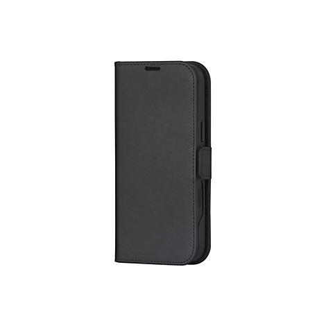 Étui de téléphone noir à rabat, côté ouvert. Le logo "dbramante1928" est visible en bas à droite.