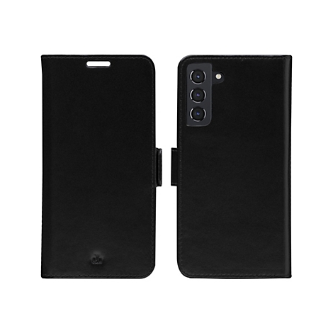 Schwarzes Handy-Etui, geschlossen. Auf der Rückseite ist ein Kamera-Modul zu sehen, auf der Vorderseite ein Logo.