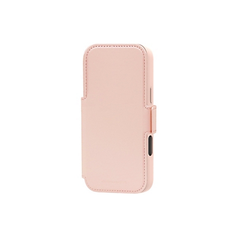 Hellrosa Handyhülle aus Leder mit geprägtem Logo. Die Hülle ist für Smartphones konzipiert.