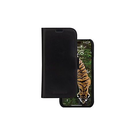 Schwarze Handyhülle mit Klappe, ein Handy zeigt einen Tiger.