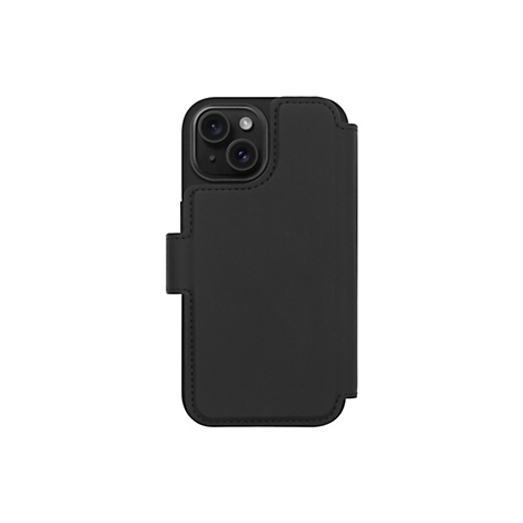 Schwarze Handyhülle mit Klappe, auf weißem Hintergrund. Die Rückseite mit Kameraausschnitt ist sichtbar.