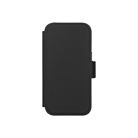 Schwarze Handyhülle aus Leder mit Klappverschluss. Unten steht „dbrarmante1928".