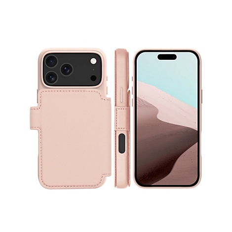 Hellrosa iPhone Hülle, Ansichten von vorne, Seite und offenem Display mit Wüsten-Hintergrund.