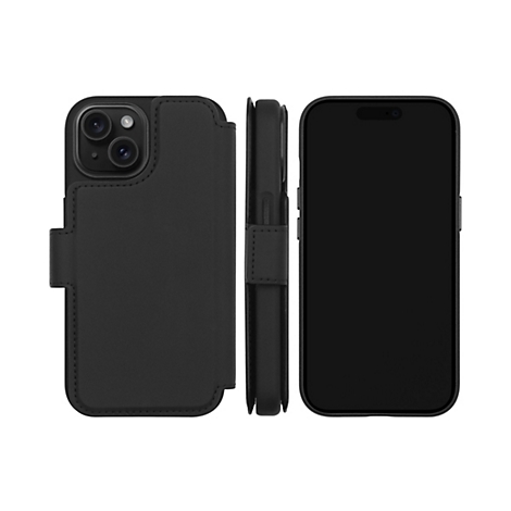 Schwarzes iPhone mit Lederhülle, von drei Seiten abgebildet. Offene Hülle mit Kartenfächern.