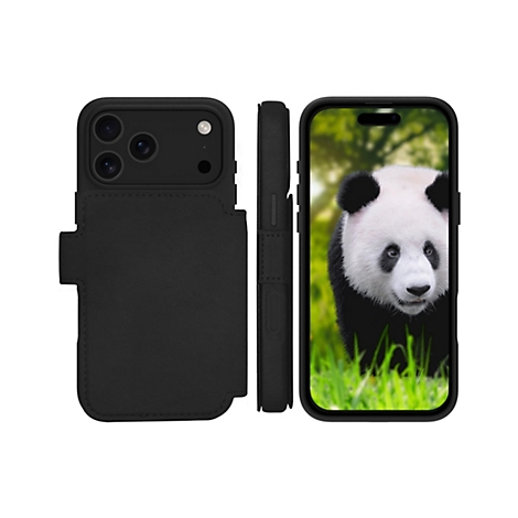 Schwarzes Handy Case mit Leder-Optik. Auf dem Display ein Panda. Rückseite mit Kamera.