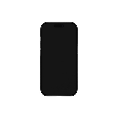 Ein schwarzes Smartphone mit schwarzem Rahmen vor weißem Hintergrund. Die Kamera-Aussparung ist sichtbar.