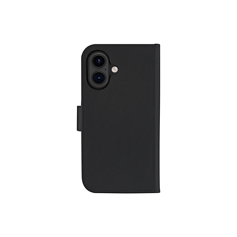 Coque de téléphone noire avec découpe pour appareil photo, fermée sur fond blanc.