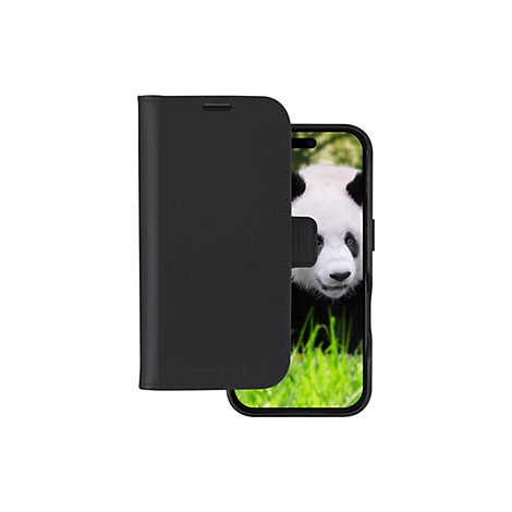 Étui de téléphone noir de style à rabat, avec une image de panda sur l'écran du téléphone.