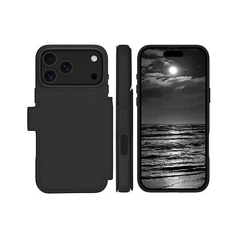 Schwarzes iPhone mit Hülle in drei Ansichten, Display mit Strandmotiv.
