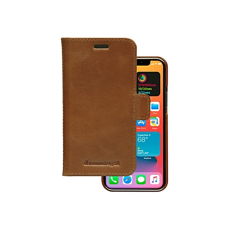 Hellbraune Lederhülle mit einem Smartphone, das einen Wetter-Widget anzeigt. Das Case ist offen, sodass das Smartphone sichtbar ist.