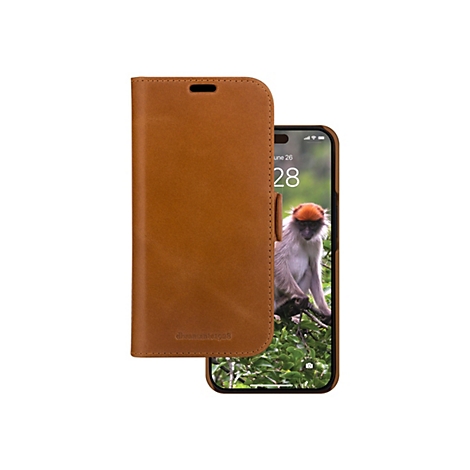 Hellbraune Leder-Handyhülle, teilweise geöffnet, mit einem Smartphone-Bildschirm, der einen Affen zeigt. Auf dem Bildschirm ist das Datum 26. Juni zu sehen.