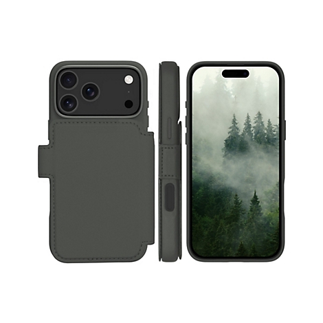 Ein graues Handy-Case mit geschlossenem Klappdeckel und eingelassenem Smartphone mit Waldlandschaft auf weißem Hintergrund.