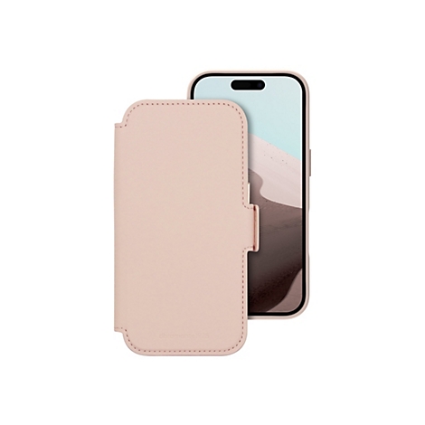 Hellrosa iPhone Hülle im aufgeklappten Zustand, mit sichtbarem Handybildschirm.