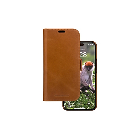 Hellbraune Lederhülle mit einem Smartphone, dessen Bildschirm ein Affenbild zeigt.