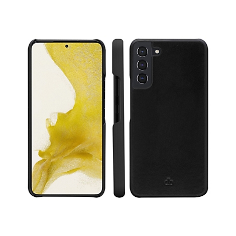 Drei Ansichten einer schwarzen Handyhülle für ein Smartphone, links die Vorderseite, rechts die Rückseite, in der Mitte die Seite.