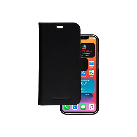 Schwarzes Leder-Klapp-Handyhülle auf einem Smartphone vor weißem Hintergrund.