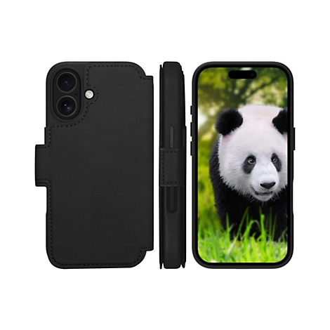 Schwarze Handyhülle mit Klappfunktion, ein Smartphone zeigt einen Panda.