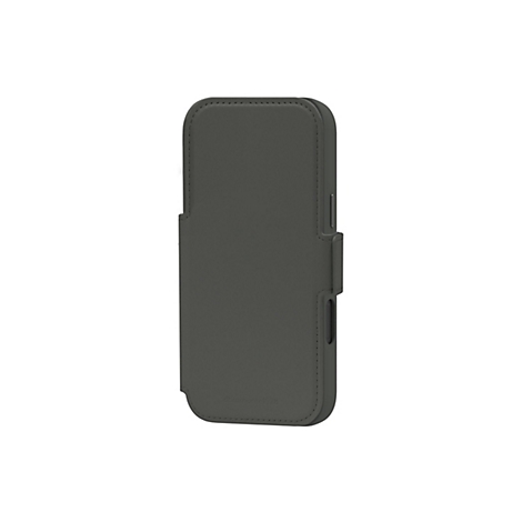 Graue Smartphone-Schutzhülle aus Leder. Genähte Ränder, die Marke ist unten rechts zu sehen.
