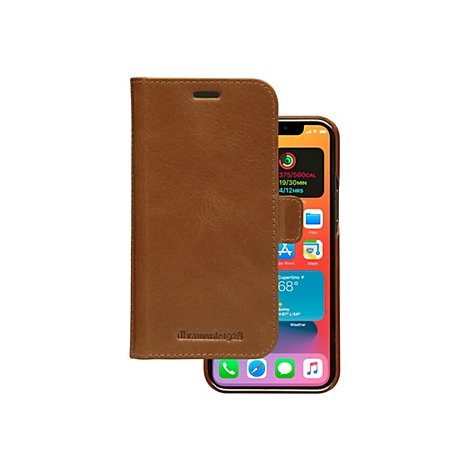 Braunes Leder-Handy-Case mit offenem Deckel, zeigt ein iPhone-Display. Auf dem Display ist die Wetter-App zu sehen, der App Store und die Karten-App. Die Marke dbramante1928 ist sichtbar.
