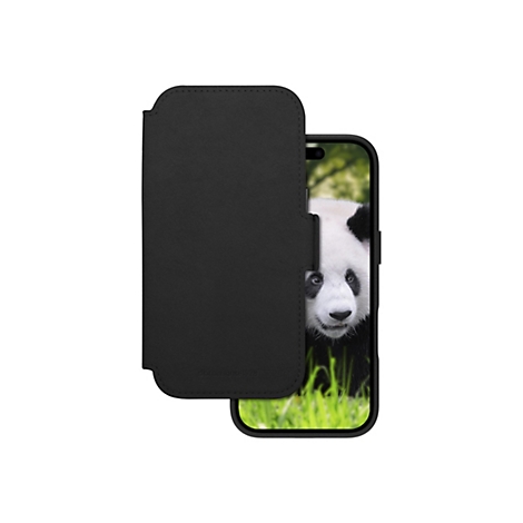 Schwarze Handyhülle mit Klappe, auf dem Display ein Panda.