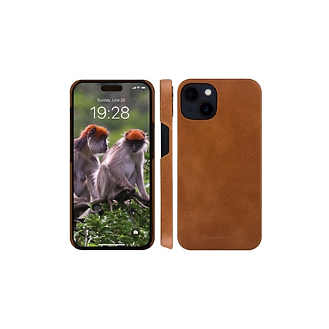 Ein iPhone mit brauner Lederhülle, das Display zeigt Affen. Der 26. Juni, 19:28 Uhr. Rechts die Seite der Hülle, links die Ansicht von vorne.