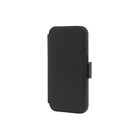 Schwarze Handyhülle mit Klappfunktion, mit Steppnähten und Magnetverschluss.