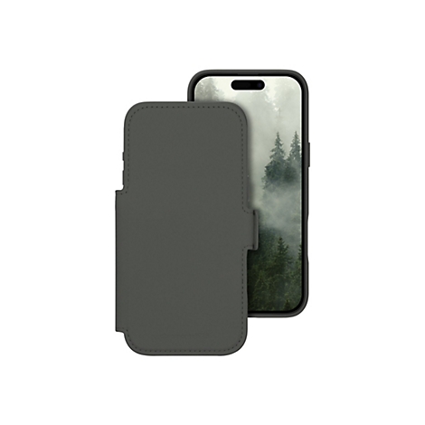 Graues Smartphone-Case in Lederoptik, halb geöffnet, mit einem Smartphone mit Wald-Hintergrund. Case mit Logo, weißer Hintergrund.