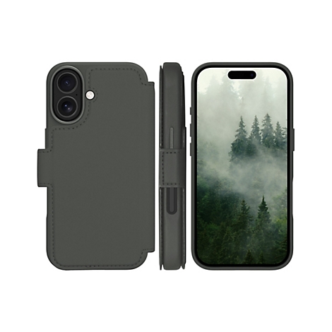 Ein graues Handycase mit integrierter Hülle, das ein Smartphone schützt; das Display zeigt eine Nebellandschaft.