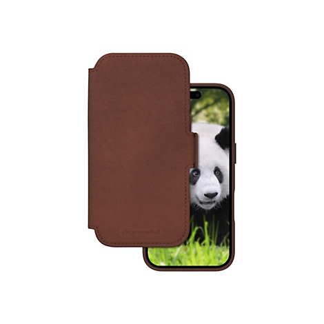 Braune Leder-Handyhülle, die ein Smartphone umschließt. Auf dem Bildschirm ist ein Panda zu sehen.