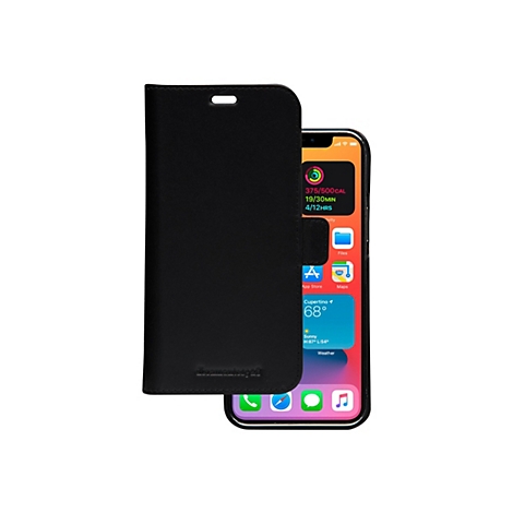 Schwarzes Leder-Klapp-Etui für ein Smartphone mit sichtbarem Display.