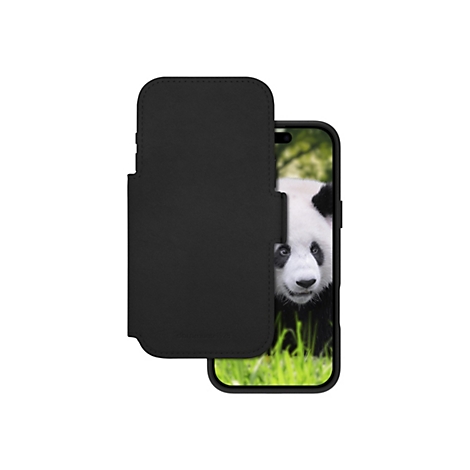 Schwarze Handyhülle mit Klappfunktion, auf der ein Smartphone mit Pandabildschirm abgebildet ist.