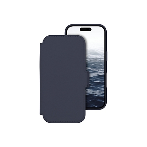Dunkelblaue Leder-Handyhülle mit aufgeklappter Front, dahinter ein Smartphone mit Wellenmotiv auf dem Bildschirm.