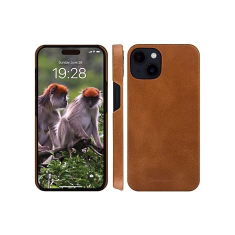 Étui en cuir marron clair pour smartphone avec écran iPhone montrant deux singes.