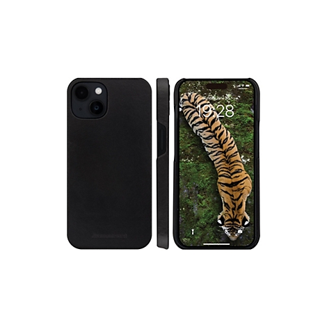 iPhone noir avec étui en cuir, montré de trois côtés. L'écran affiche un tigre sur fond vert. La date est dimanche 26 juin, 19h28.