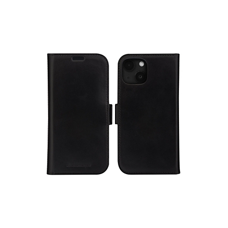 Étui de téléphone noir, ouvert, montrant l'intérieur et la caméra. Aspect cuir, sur fond blanc.