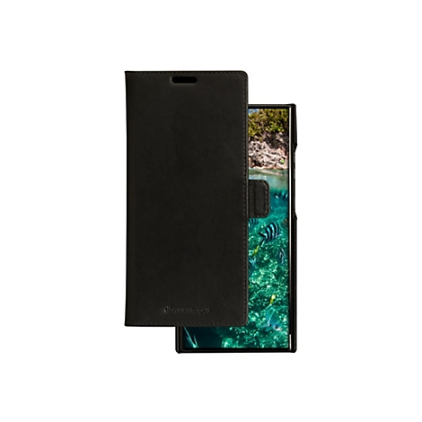 Étui de téléphone noir à rabat; l'écran avec un motif sous-marin est visible.