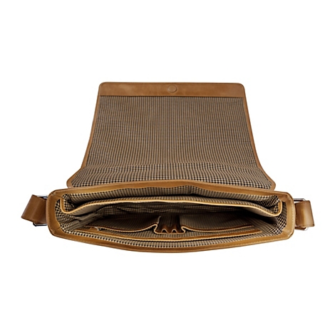 Offene, braune Ledertasche, Innenfutter mit kleinem Karomuster, Blick in die Fächer.