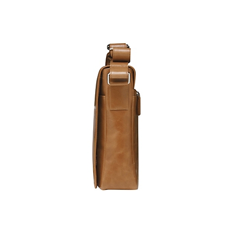 Braune Ledertasche, Seitenansicht, mit Umhängegurt und silbernen Details.