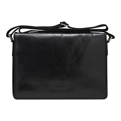 Sac en cuir noir avec bandoulière, rectangulaire. Le nom de la marque est petit sur le devant.