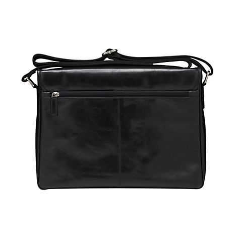 Sacoche noire, verticale, avec un compartiment zippé au dos et une bandoulière.