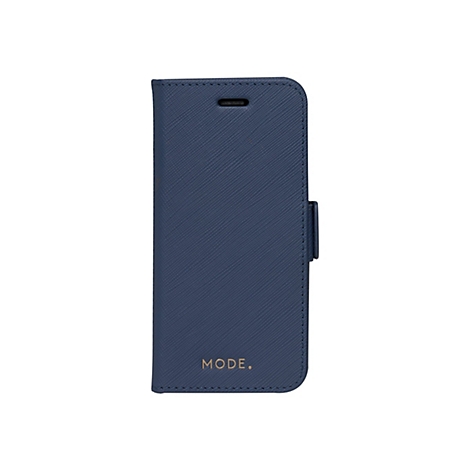 Dunkelblaues Handy-Case im Querformat, mit Magnetverschluss und dem Schriftzug MODE.