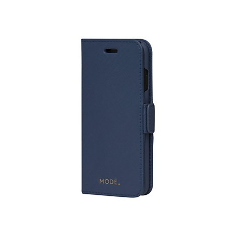 Dunkelblaues Handy-Case im Buchformat mit Magnetverschluss. Auf der Vorderseite steht „MODE.“