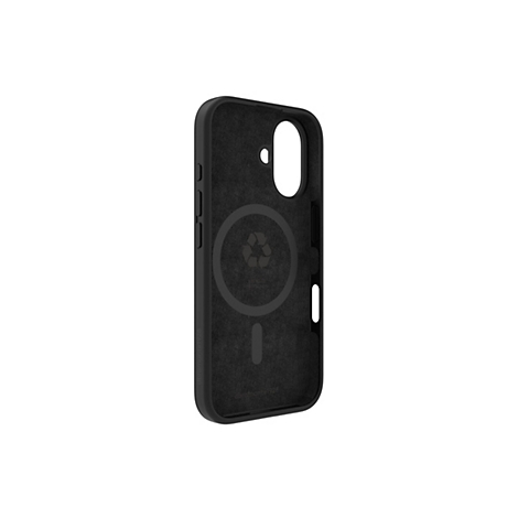 Schwarze Handyhülle mit MagSafe-Funktion, Innenfutter aus Filz. Logo mit Recycling-Symbol.