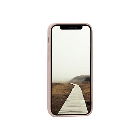 Ein iPhone in einer hellrosa Hülle, auf dem ein Landschaftsfoto mit einem Steg abgebildet ist.
