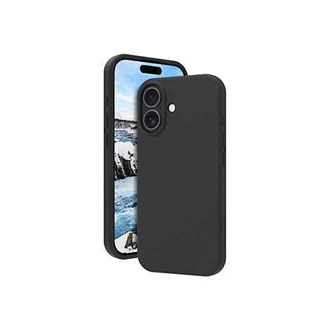 Ein schwarzes Smartphone mit einer schwarzen Schutzhülle, vor einem hellen Hintergrund. Auf dem Bildschirm ist eine Landschaft abgebildet.