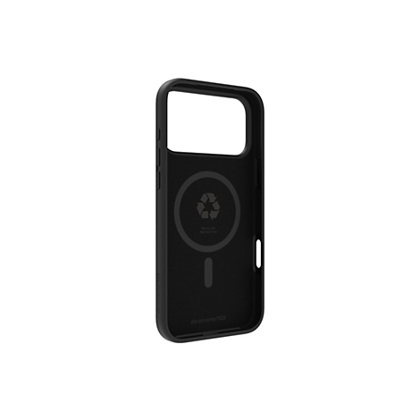 Schwarze Handyhülle für iPhone, Innen mit Recycling-Symbol und Schriftzug.