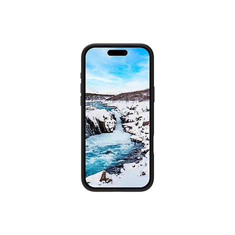 Smartphone, das ein verschneites Fluss-Szenario zeigt. Der Fluss stürzt durch eine Schlucht, umgeben von Schnee und Eis unter blauem Himmel.