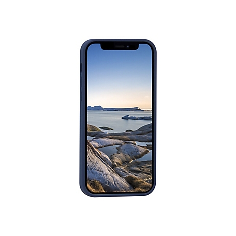Ein dunkelblaues Smartphone mit einem Bildschirm, der eine Landschaft mit Eisbergen zeigt.