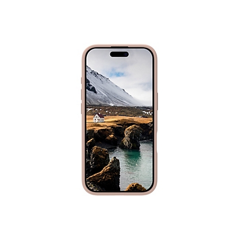 Smartphone-Hülle in Rosa, mit Landschaftsfoto als Hintergrund. Berge, Haus.